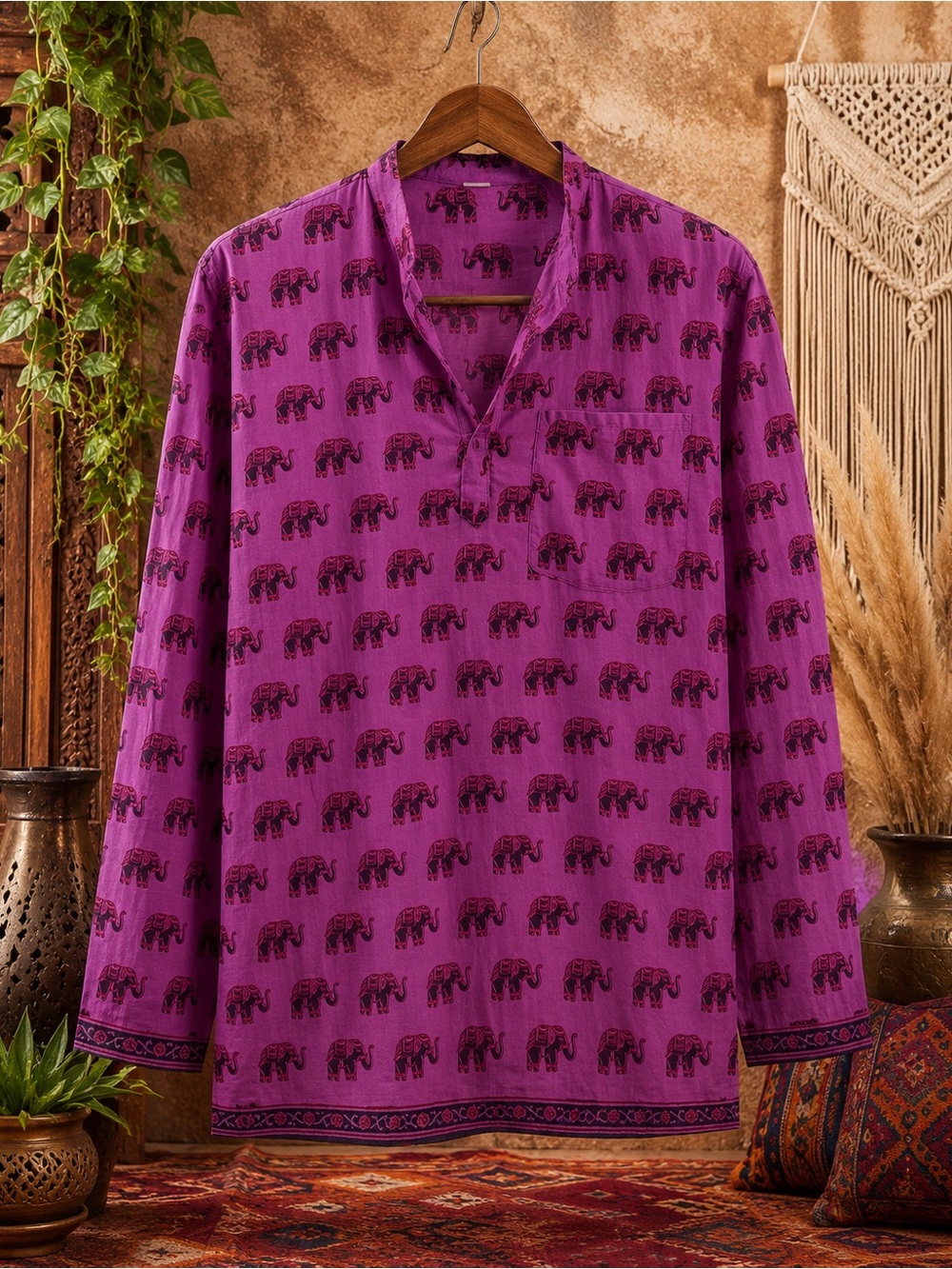 Men's Purple Elephant Print Long-Sleeve Shirt
